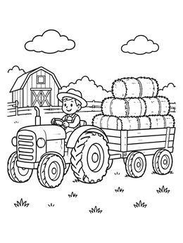 A cheerful young farmer driving a tractor coloring page with stacked hay bales.