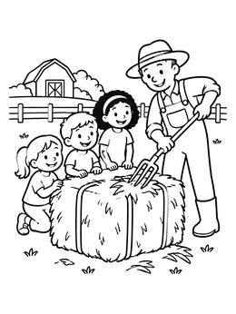 Free printable Farmer And Children With Hay Bale coloring page