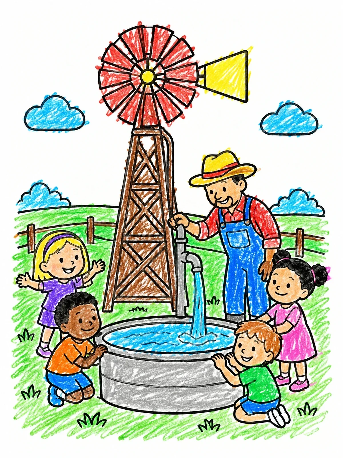 Colored example of the Farmer And Children By Windmill Trough coloring page