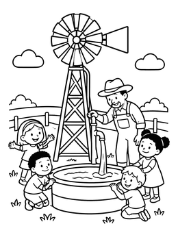Free printable Farmer And Children By Windmill Trough coloring page