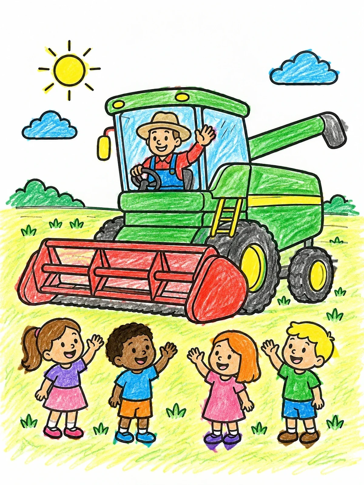 Colored example of the Farmer In Combine Harvester Waving To Children coloring page