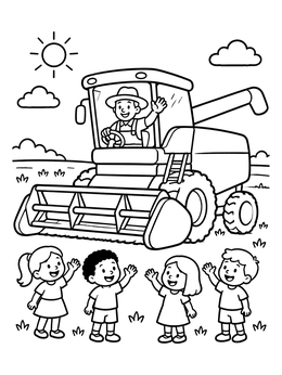 Free printable Farmer In Combine Harvester Waving To Children coloring page