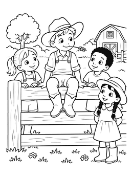A happy boy sitting on a fence with his friends on this farmer coloring page.