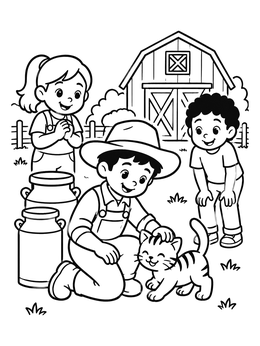 Children petting a kitten by milk cans on a farmer coloring page.