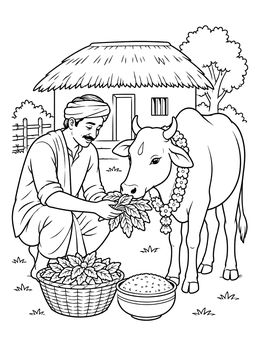 A smiling farmer feeds fresh leaves to a garlanded cow outside a hut on this pongal coloring page.