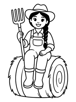 Free printable Farmer Girl On Hay Bale coloring page