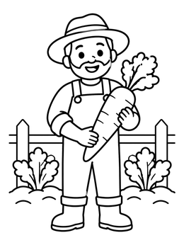 Free printable Happy Farmer With Giant Carrot coloring page