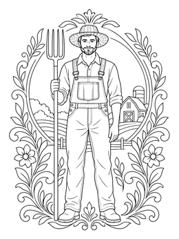 A detailed farmer coloring page showing a man in overalls holding a pitchfork.