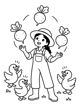 A cheerful farmer coloring page showing a girl juggling turnips for three excited ducks.