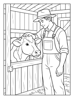 A friendly farmer coloring page showing a man gently stroking a cow inside a wooden barn stall.