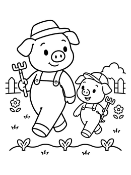 Free printable Farmer Pig And Piglet In Garden coloring page
