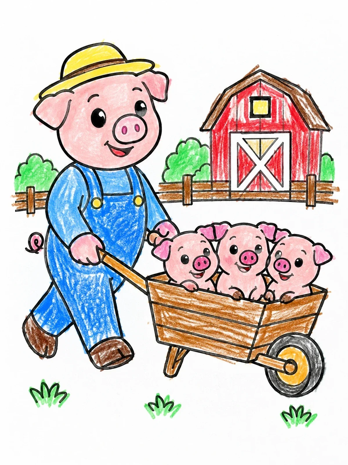 Colored example of the Farmer Pig Pushing Piglets In Wheelbarrow coloring page
