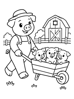 A cheerful farmer pig coloring page showing three piglets riding in a wheelbarrow by the barn.