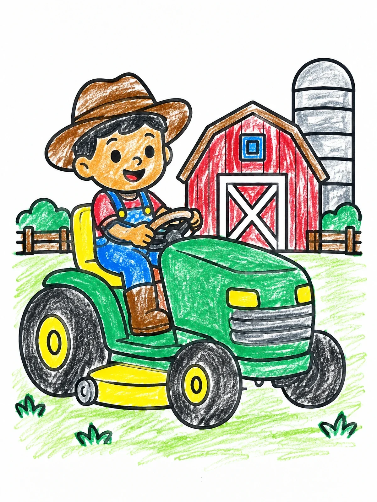 Colored example of the Farmer Driving Riding Lawn Mower coloring page
