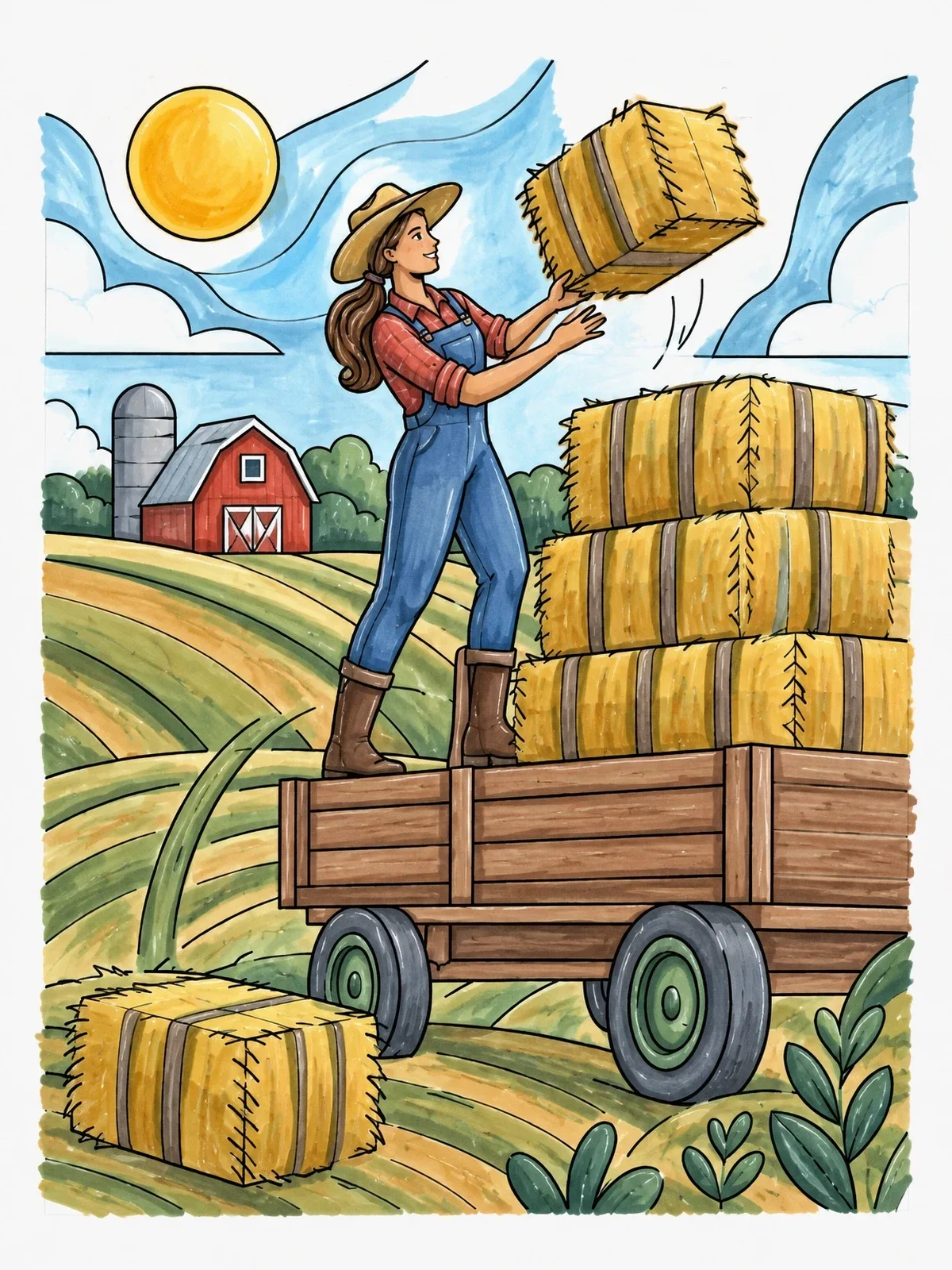 Colored example of the Farmer Stacking Hay On Wagon coloring page