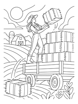 A woman catches a bale on a hay bales coloring page with a farm background.