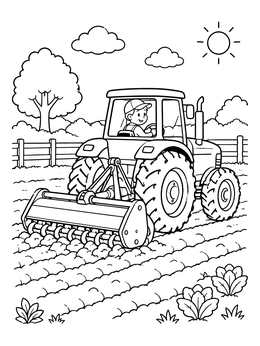 A cheerful farmer driving in this tractor coloring page while tilling a garden plot on a sunny day.