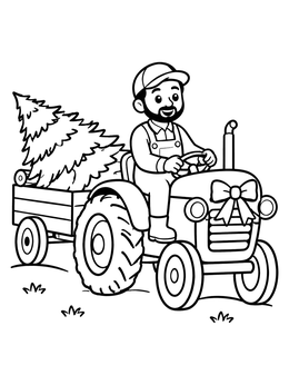 A cheerful farmer coloring page driving a vintage tractor pulling a fresh evergreen tree.