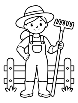 Free printable Farmer With Rake By Wooden Fence coloring page