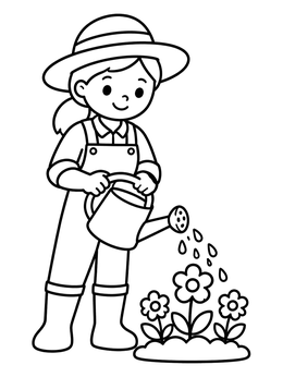 Free printable Young Gardener Watering Blooming Flowers coloring page
