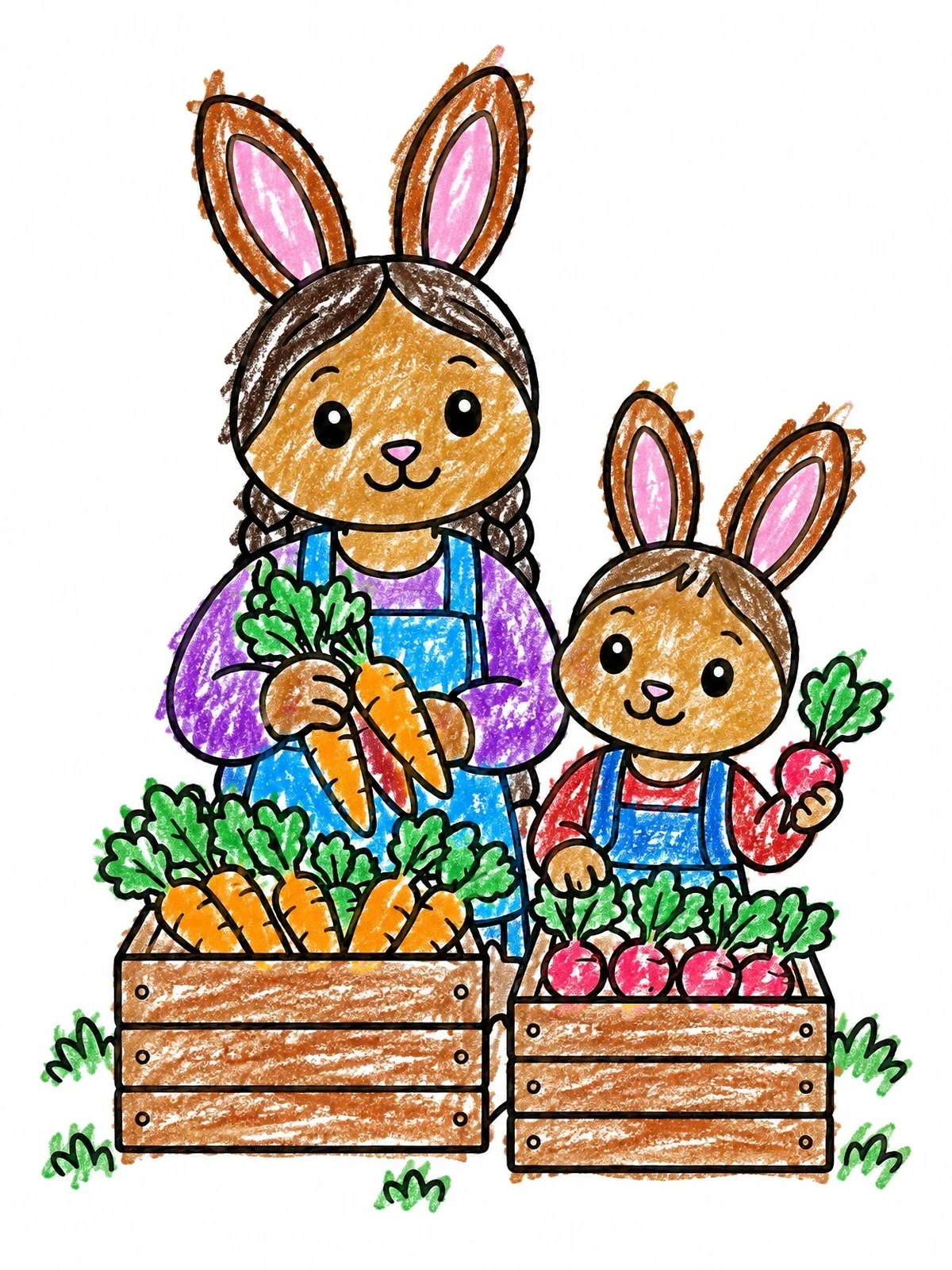 Colored example of the Bunnies Selling Carrots And Radishes coloring page
