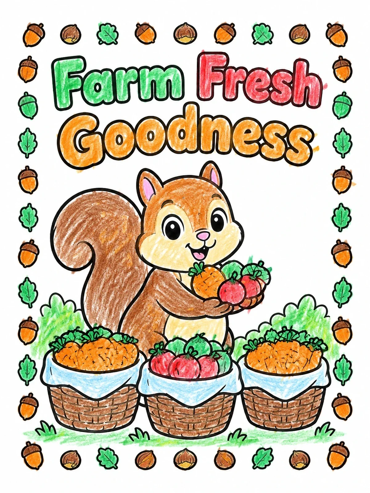 Colored example of the Squirrel With Autumn Nut Baskets coloring page