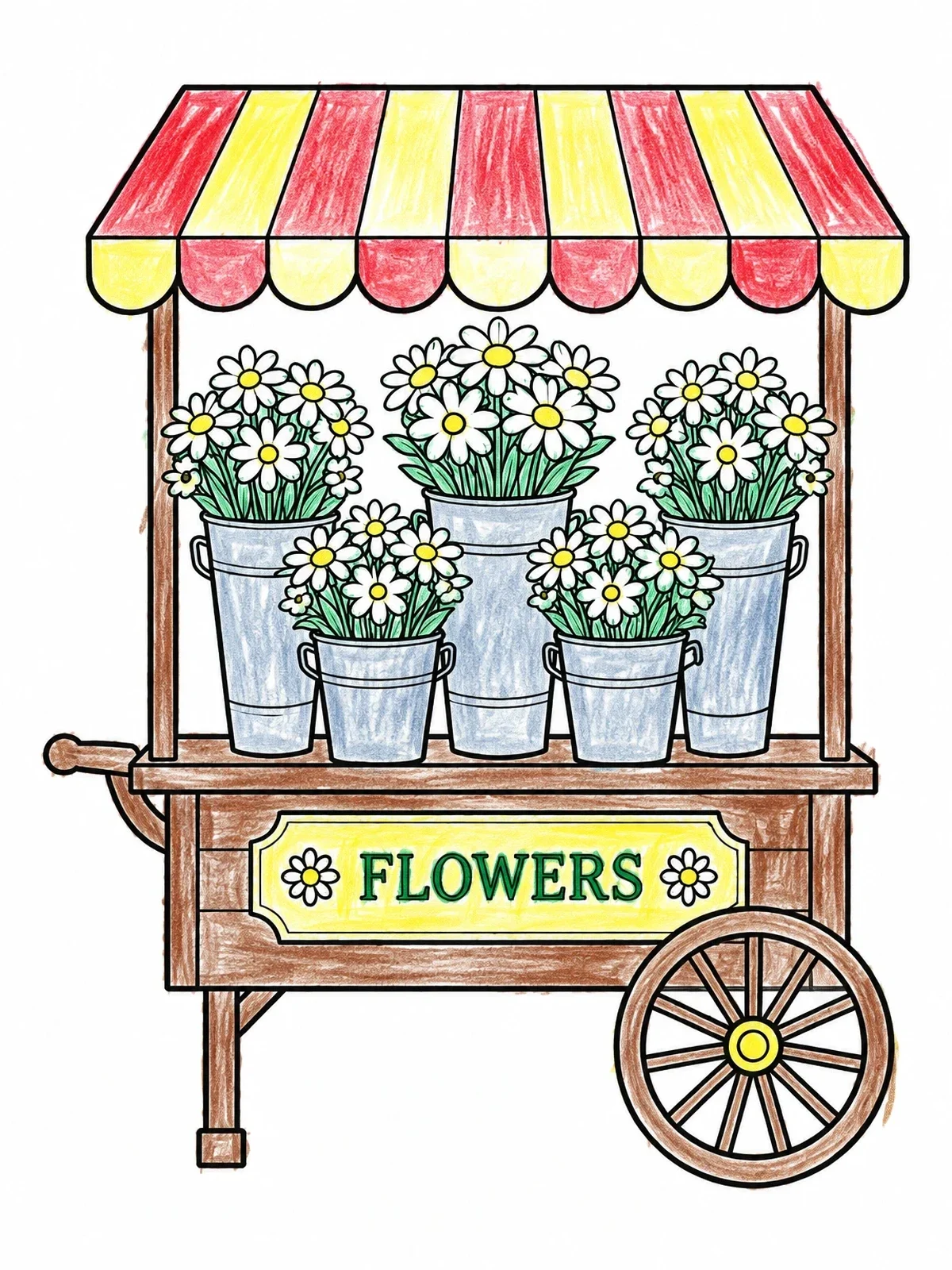 Colored example of the Flower Cart With Daisy Buckets coloring page