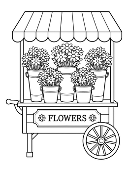 Free printable Flower Cart With Daisy Buckets coloring page