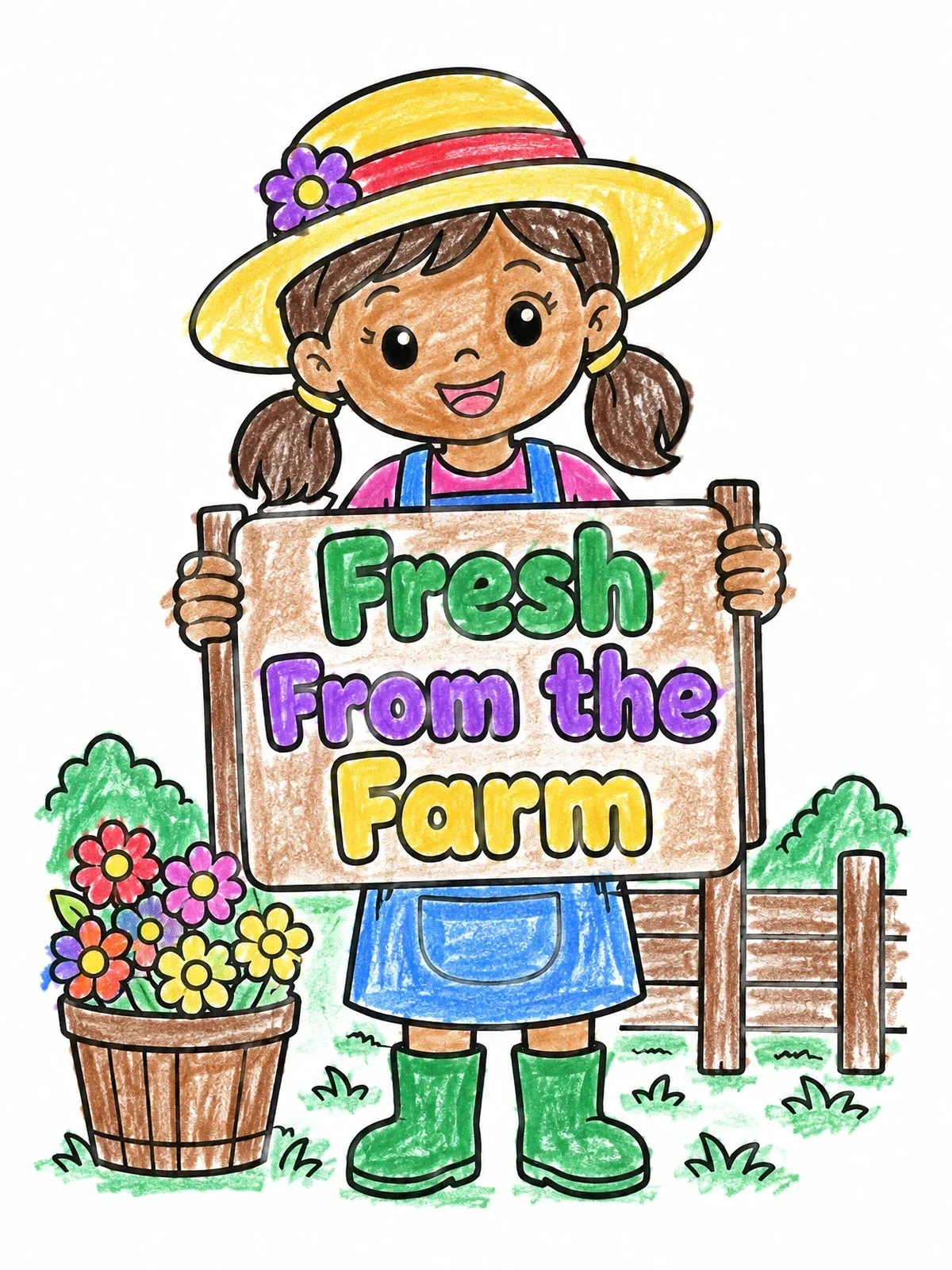 Colored example of the Young Farm Girl With Market Sign coloring page