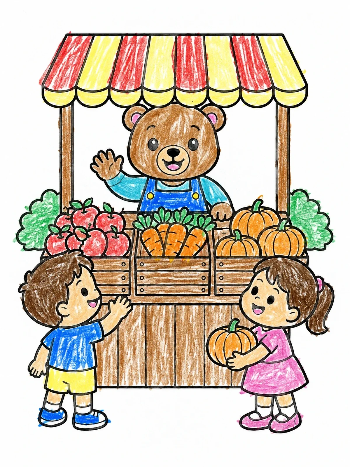 Colored example of the Friendly Bear At The Market Stall coloring page