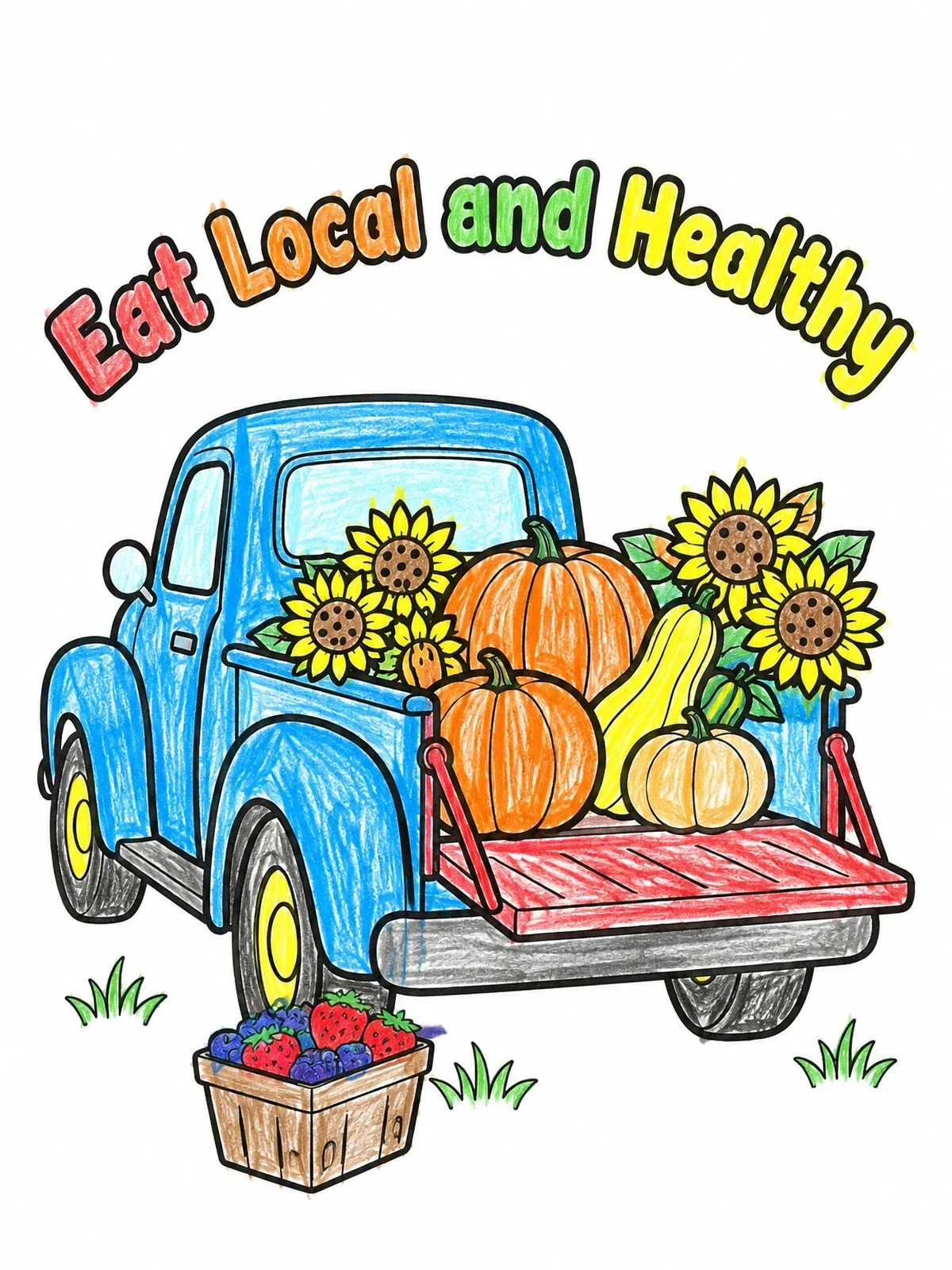 Colored example of the Harvest Truck With Pumpkins And Sunflowers coloring page