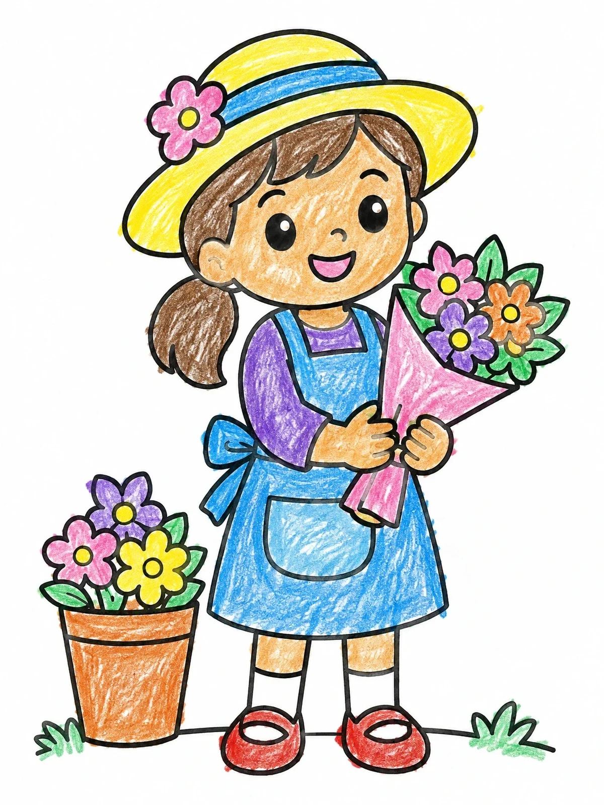 Colored example of the Little Flower Girl With Bouquet coloring page