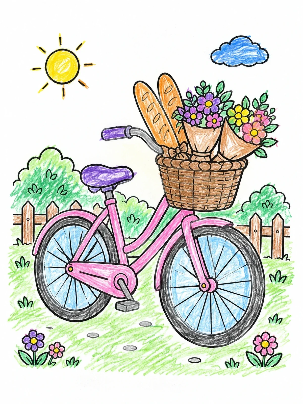 Colored example of the Market Bicycle With Flowers And Baguettes coloring page