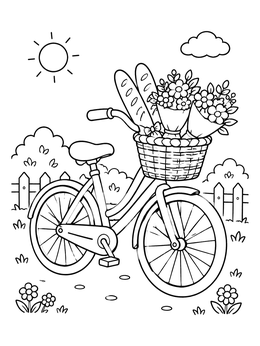 Free printable Market Bicycle With Flowers And Baguettes coloring page