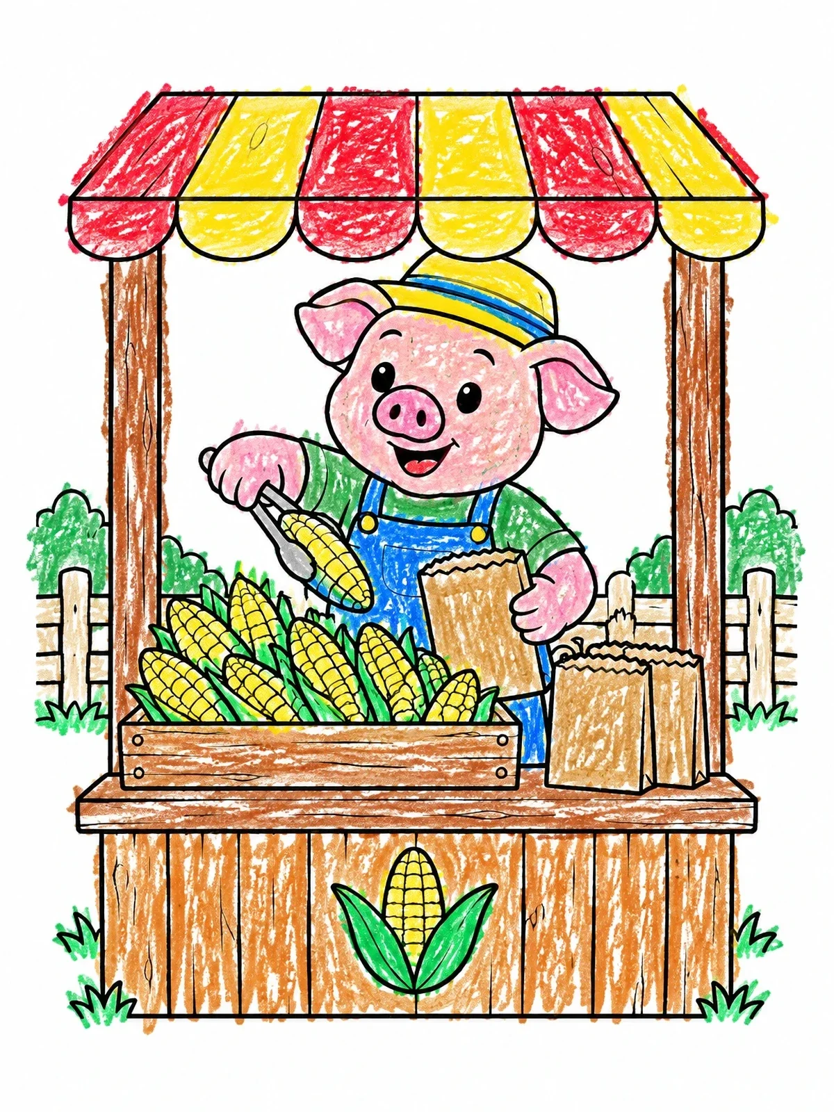 Colored example of the Pig Farmer Selling Sweet Corn coloring page