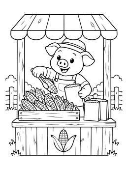 Free printable Pig Farmer Selling Sweet Corn coloring page