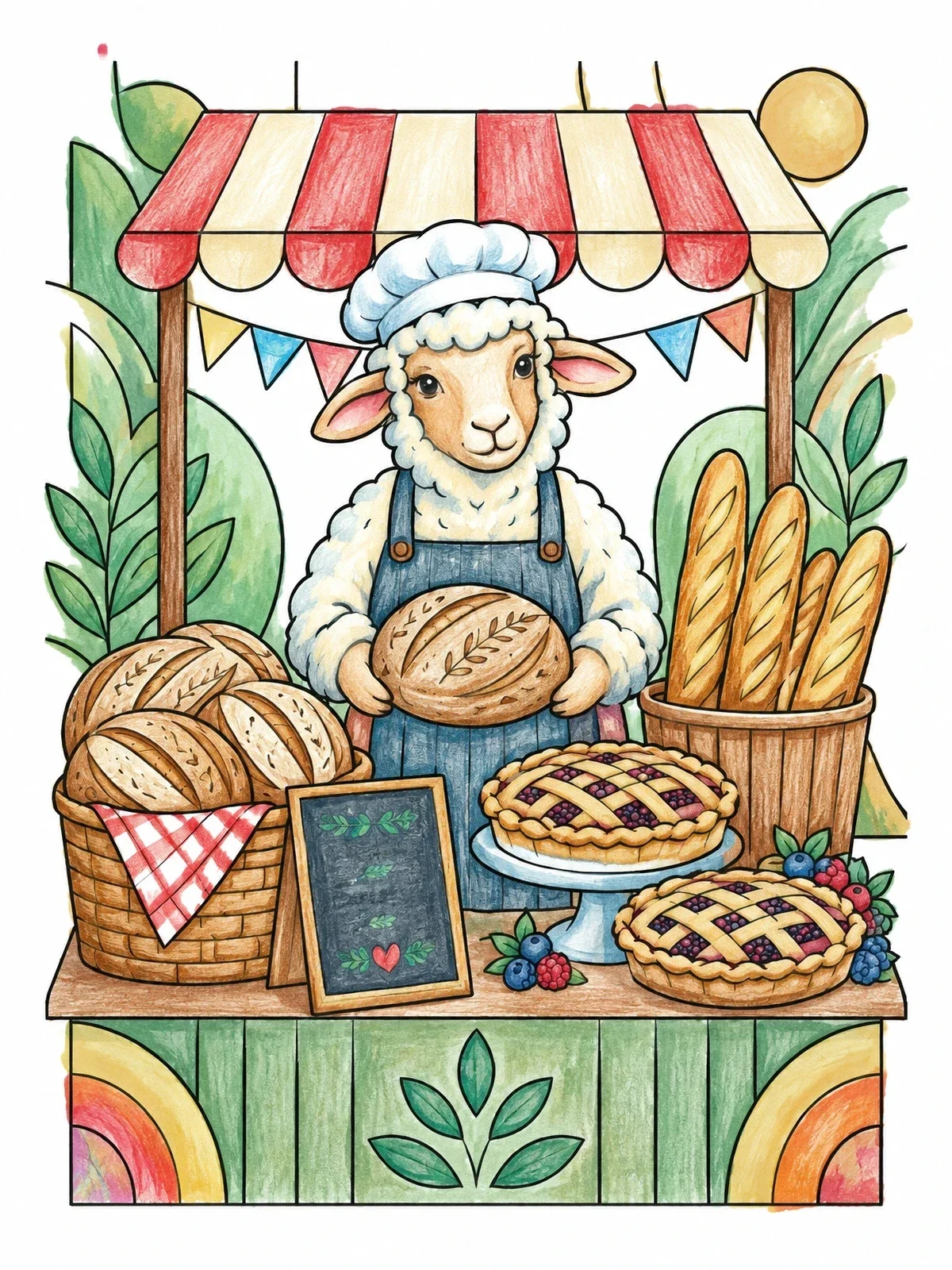 Colored example of the Sheep Baker At Market Stall coloring page