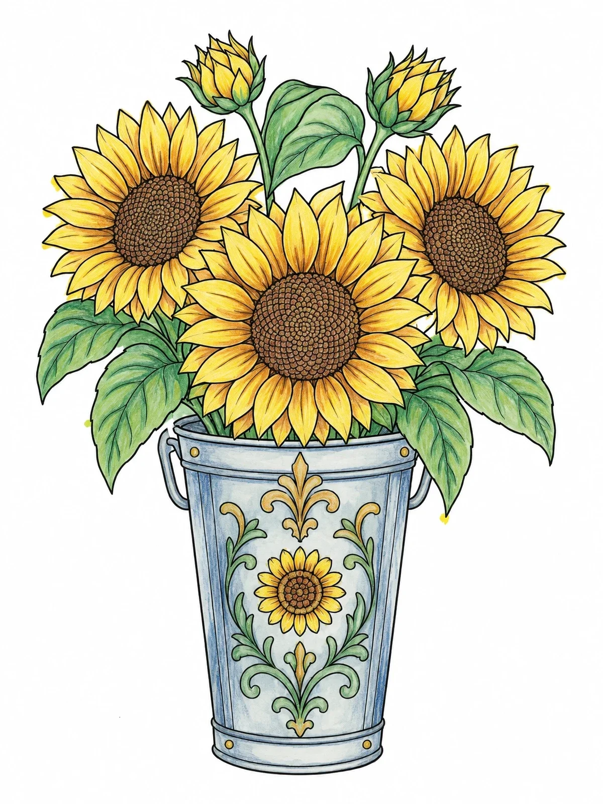 Colored example of the Sunflowers In An Ornate Metal Bucket coloring page