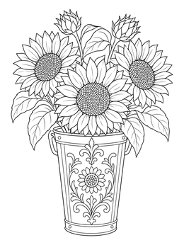 Free printable Sunflowers In An Ornate Metal Bucket coloring page