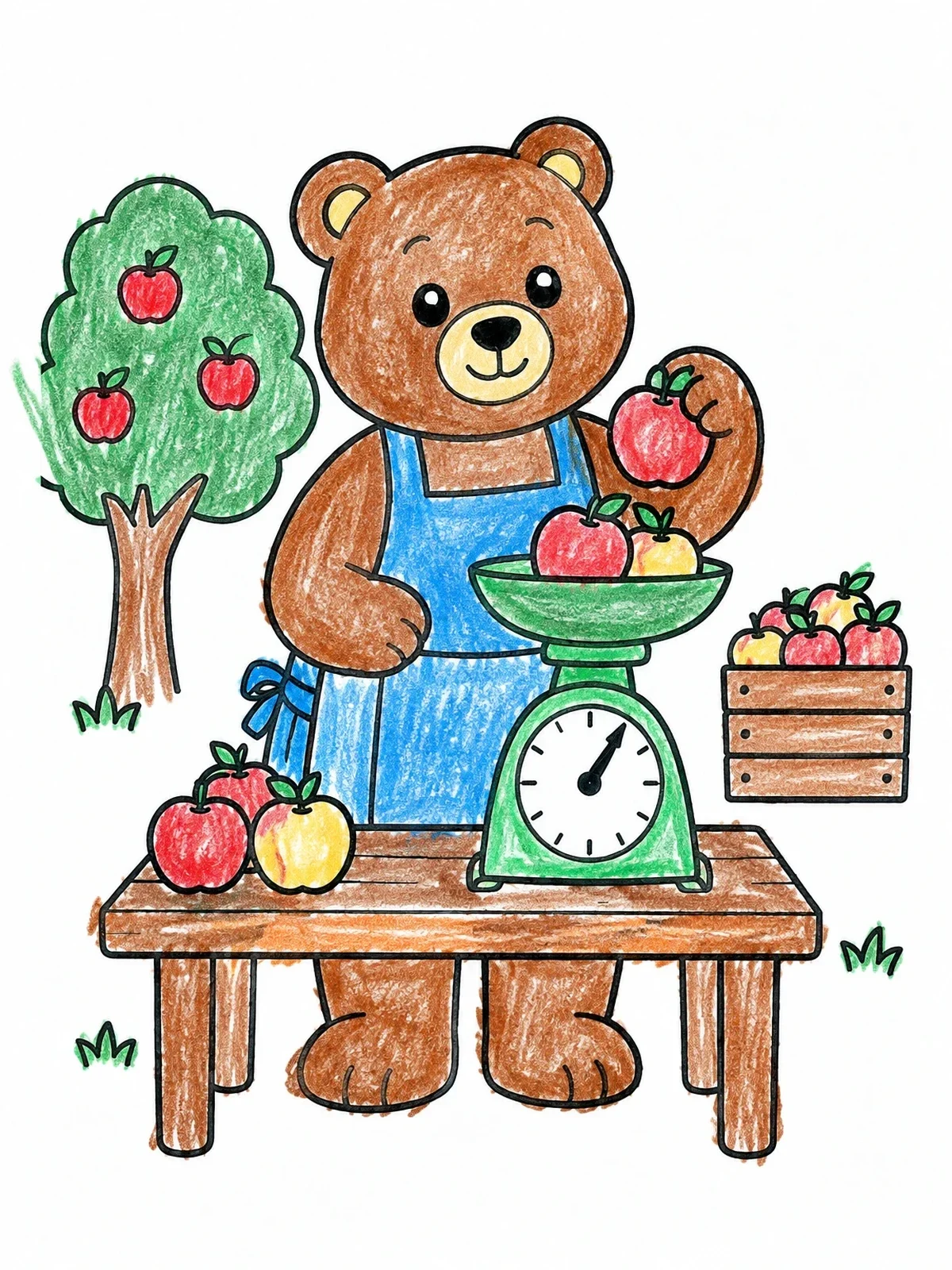 Colored example of the Teddy Bear Weighing Fresh Apples coloring page