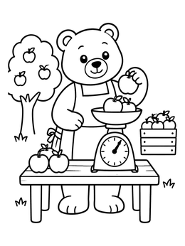 Free printable Teddy Bear Weighing Fresh Apples coloring page