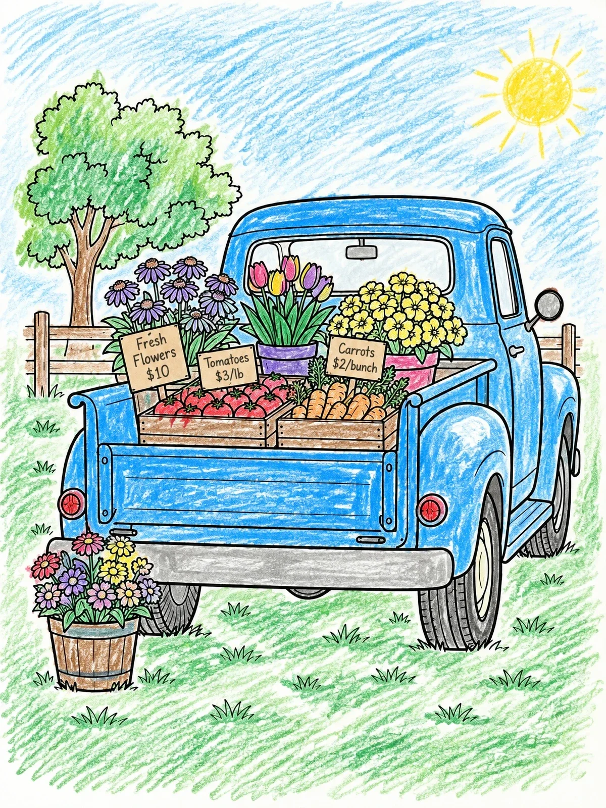 Colored example of the Vintage Flower And Produce Truck coloring page