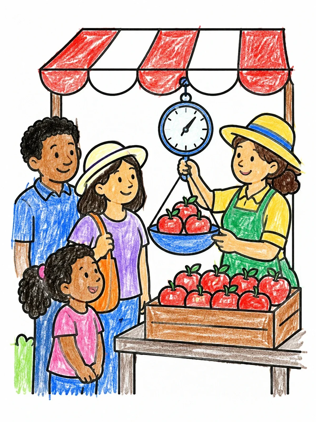 Colored example of the Family Buying Apples At Market coloring page