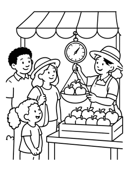 Free printable Family Buying Apples At Market coloring page