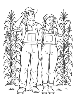 A man and woman take a break in this farmer coloring page standing beside tall cornstalks.