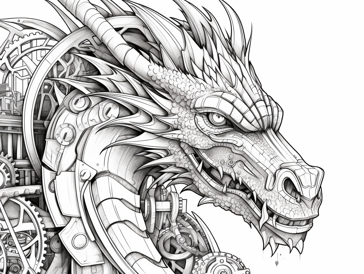 illustration of Fascinating steampunk dragon to color
