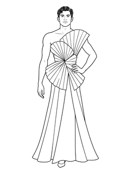 A male model wearing an avant-garde gown in this fashion coloring page.