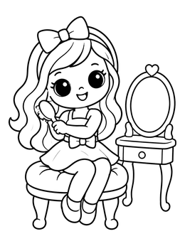 A fashion coloring page of a cute doll brushing her hair next to a vanity mirror.