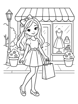 Free printable Cute Girl Shopping By Boutique coloring page