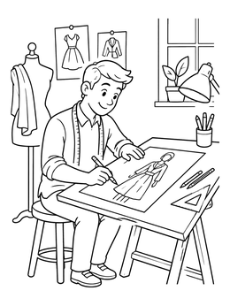 A smiling fashion designer draws dresses in this fashion coloring page.